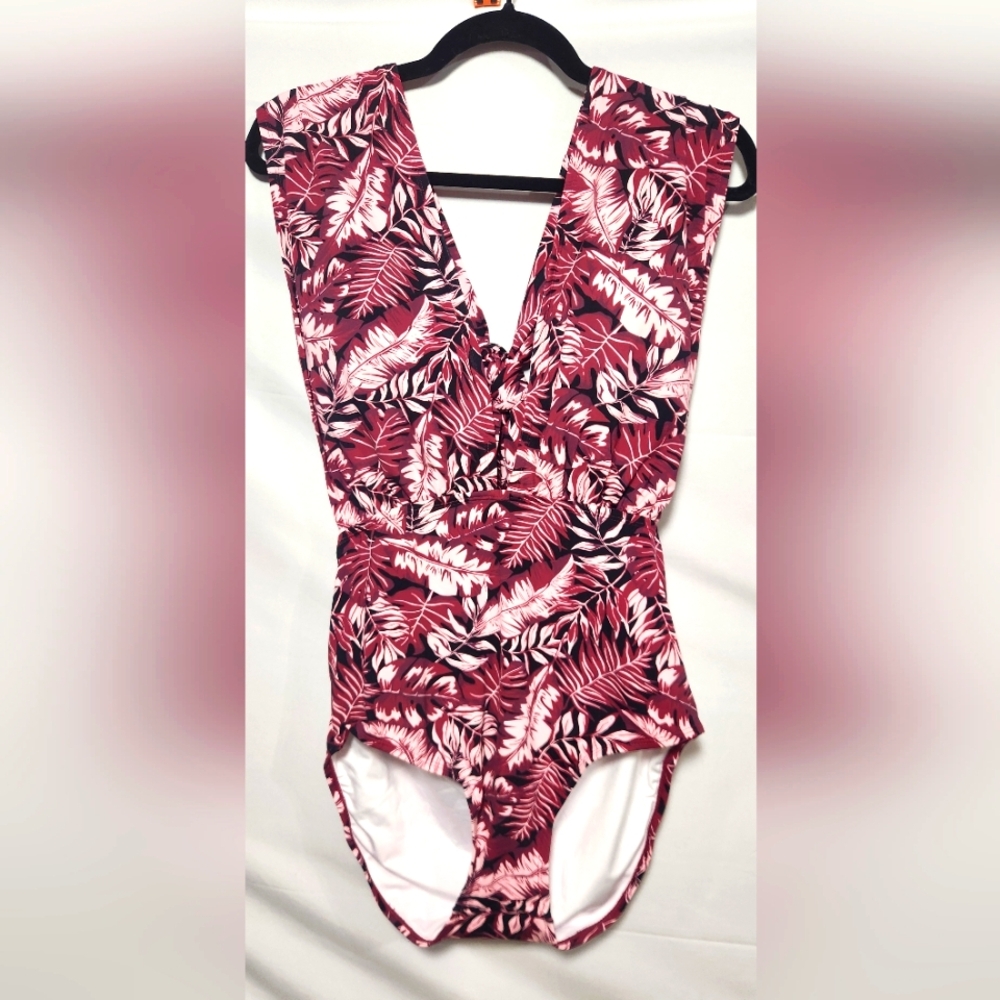 Zomoneti Black and Pink Floral Plunging V-neck 1 Piece Swimsuit-Size XL